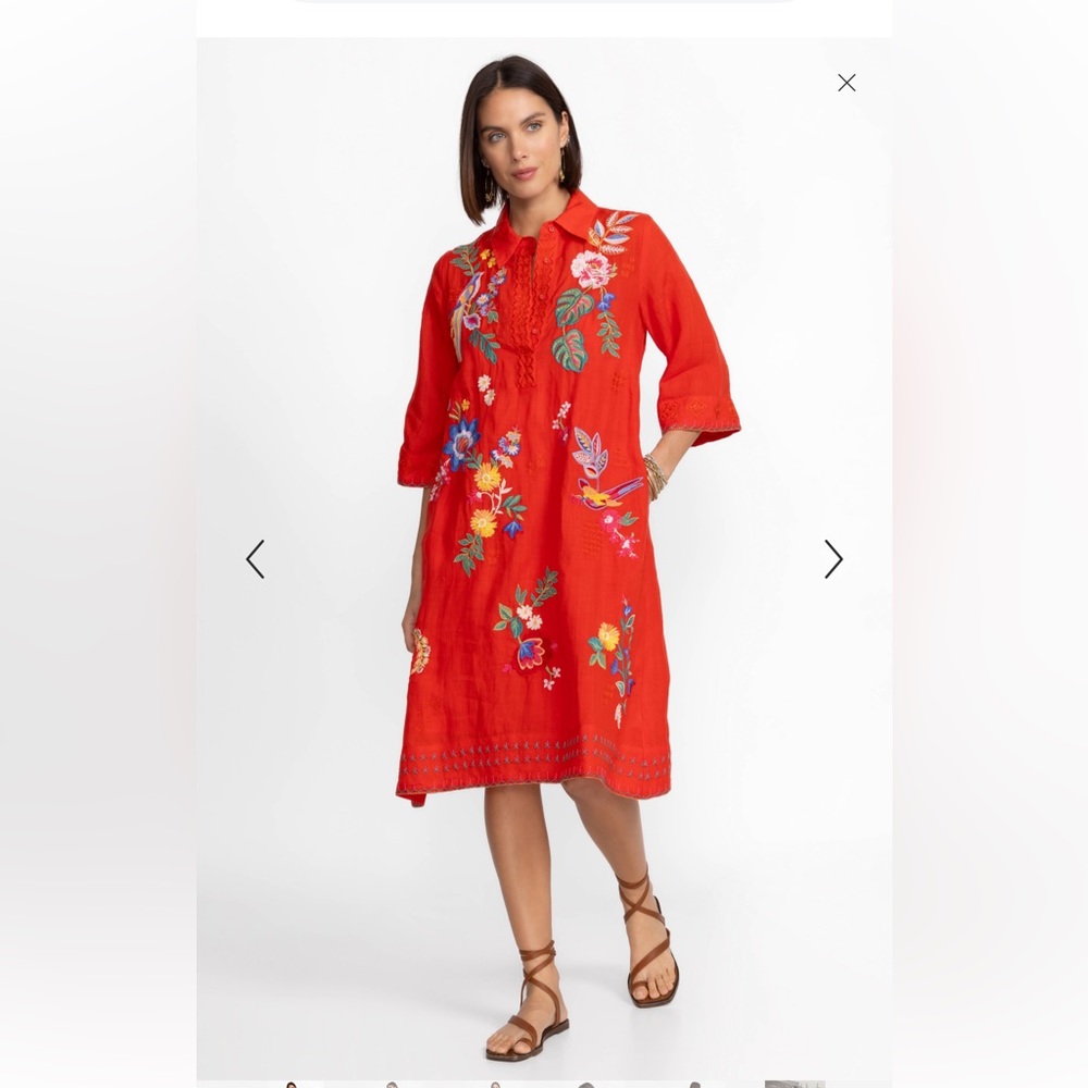 JOHNNY WAS Henley Kimono Sleeve Dress Red Orange Size Small Embroidered S